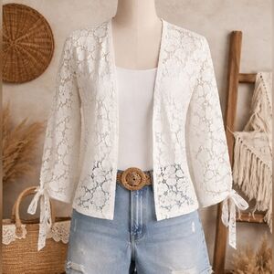 Available by Angela Fashion White Lace Open Cardigan 3/4 Sleeve Tie Detail Boho